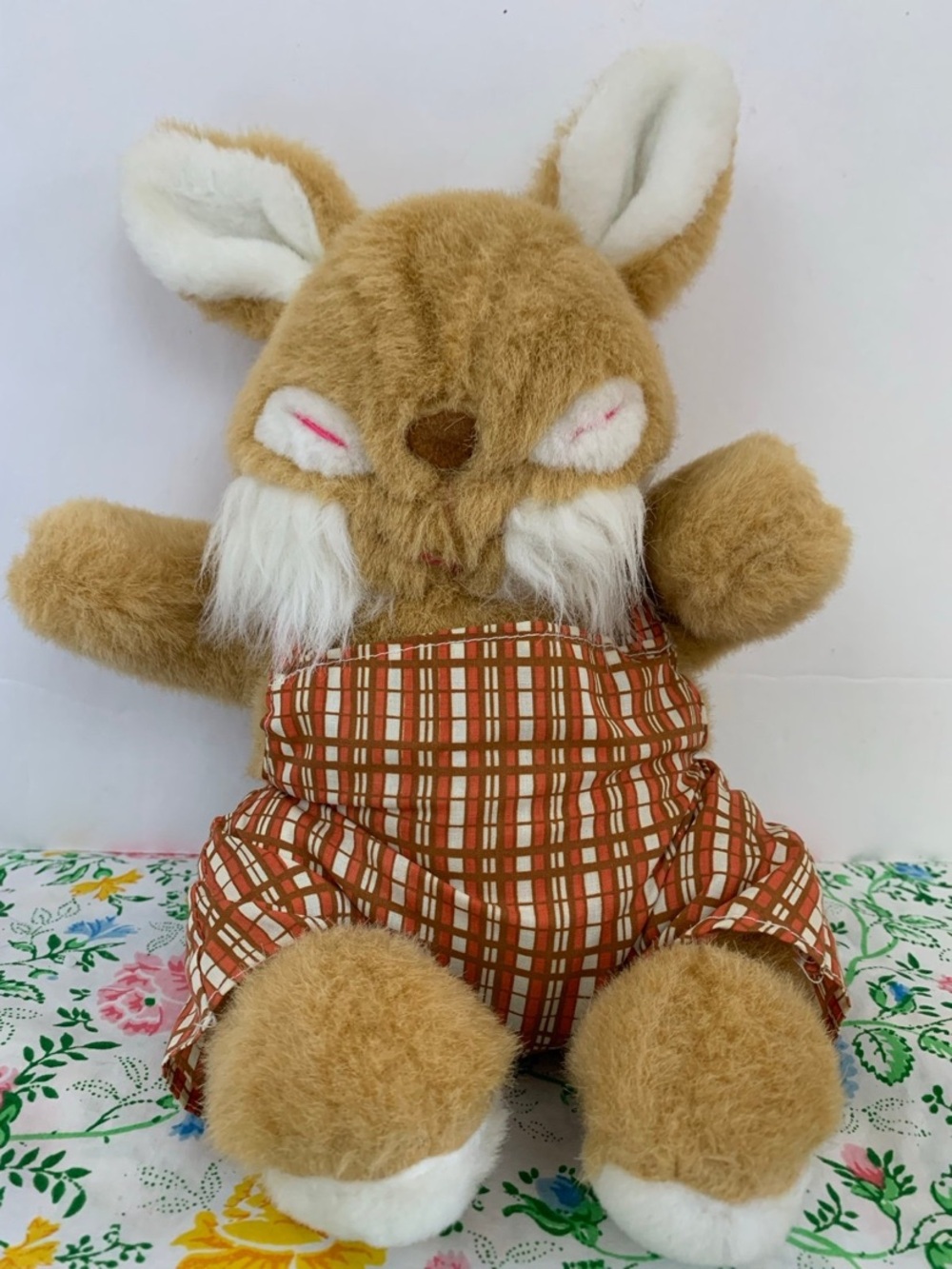 Vintage Sleeping Bunny Rabbit Plush Stuffed Animal Plaid Suspenders Easter Toy